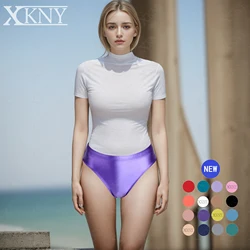 XCKNY-Silky Monocromático Cuecas Bikini, Brilhante Calcinha Suave, cetim Brilhante Cuecas, cintura baixa calças justas, Oleosa Calça