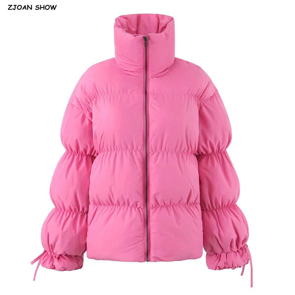 

New Winter Fashion Women Rose Pink Front Zip up Bread Parka Coat for Woman Drawstring Bow Long Lotus Root Sleeve Loose Outerwear