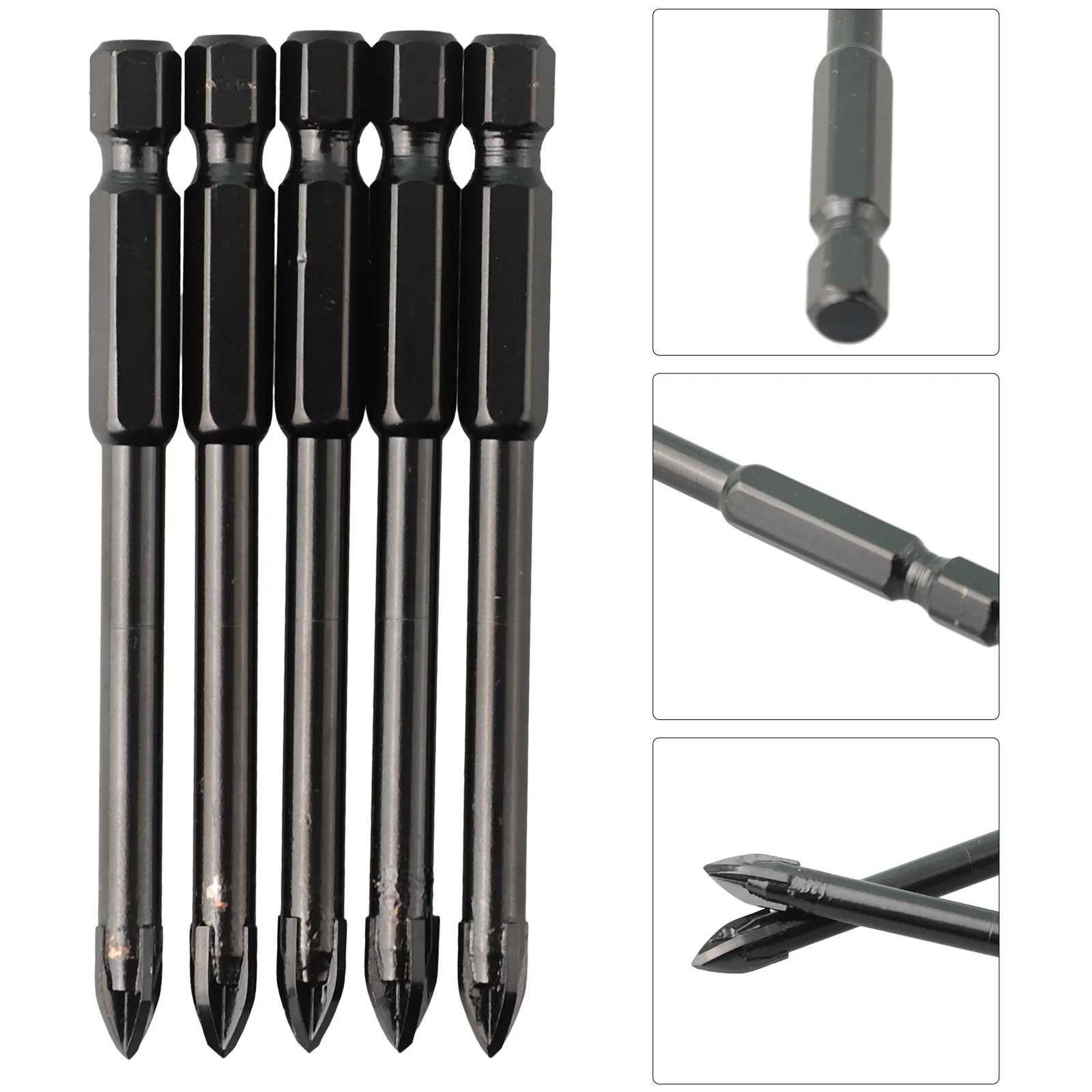 Hex Shank Drill Bits 74mm Black Hex Shank Multifunctional Triangular Tungsten Carbide YG6X Alloy 5pcs Marble Porcelain