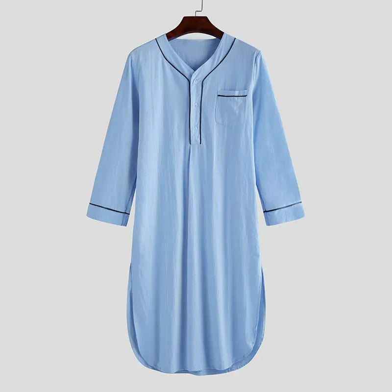 Men's Retro V Collar Muslim Nightgown Home Wear Long Sleeve Solid Color Sleep Robes