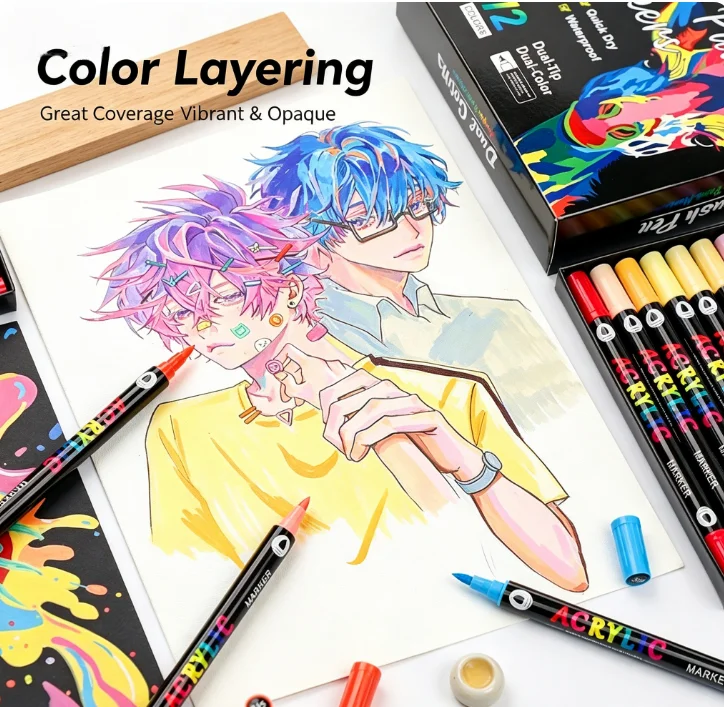 Double-Ended Acrylic Marker Set, Water-Based, Quick-Drying, and Waterproof, Suitable for Stone Painting, Canvas, and DIY Crafts.