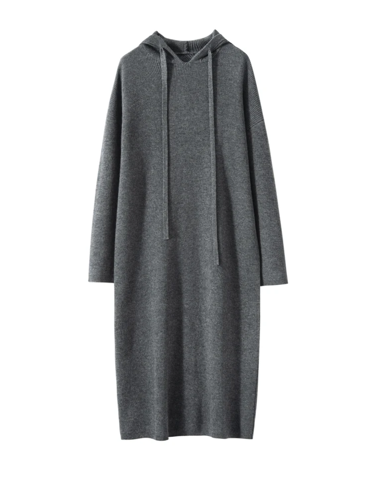 Damski sweter z kapturem ze 100% kaszmiru, jesienno-zimowy, jednolity kolor, kobieca, elegancki, gruby, miękki, ciepły, dzianinowy.