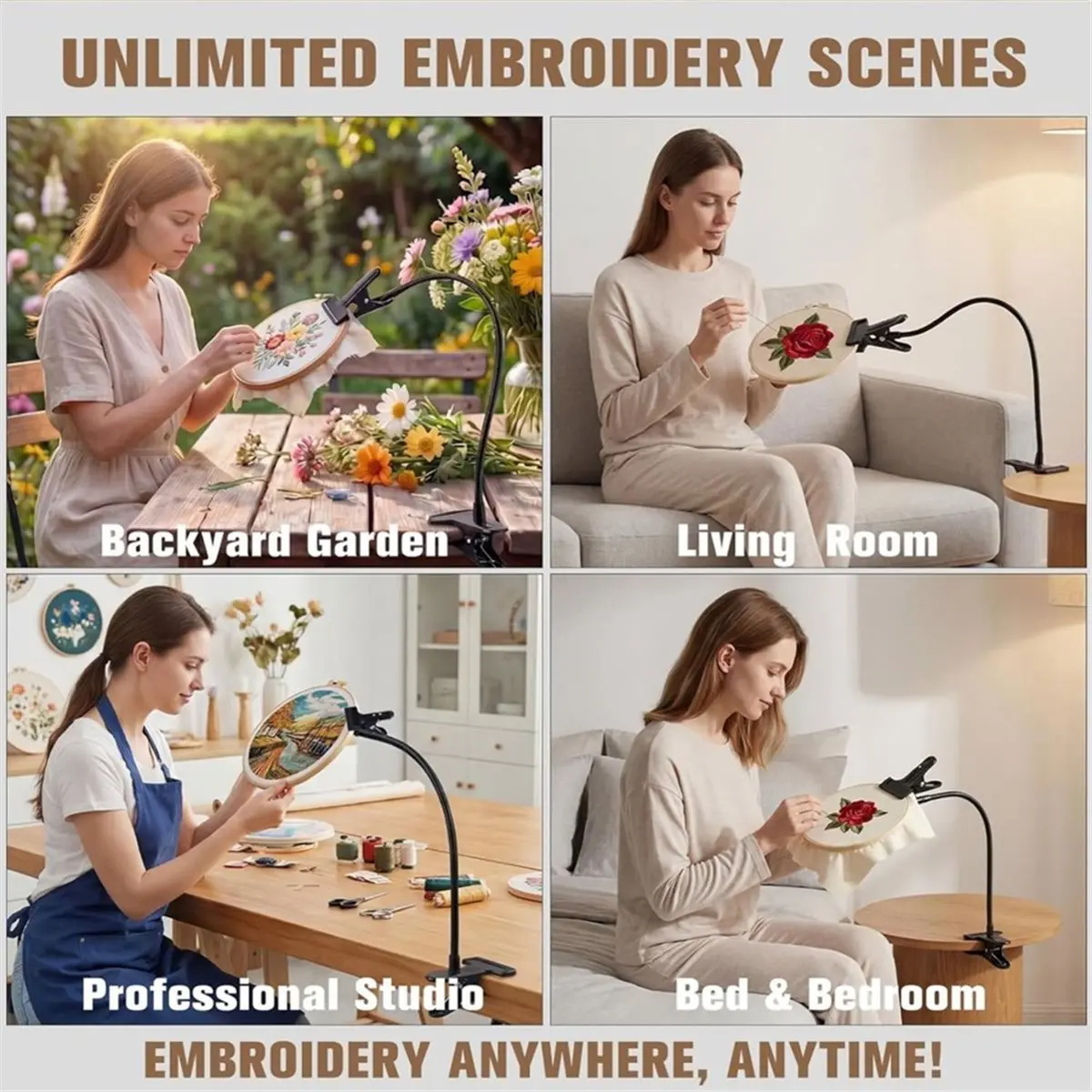 (A99Z) Adjustable Embroidery Hoop Stand Holder, Portable Gooseneck Stand, Heavy Duty Craft Sewing Table Clamp for DIY Projects