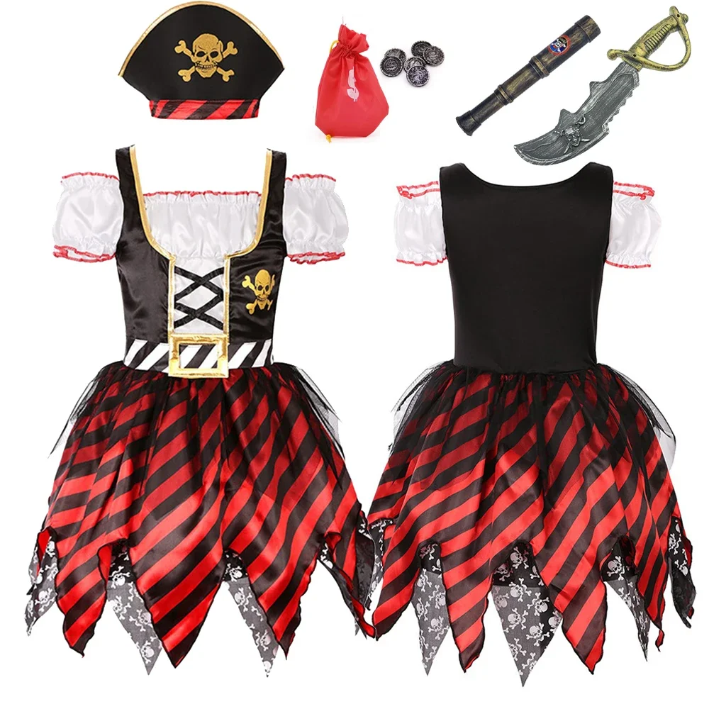 Medieval Caribbean Pirate Cosplay Costume Pirate Disguise Full Set Dress Kids Outfit Halloween Carnival Party Clothes Role Play