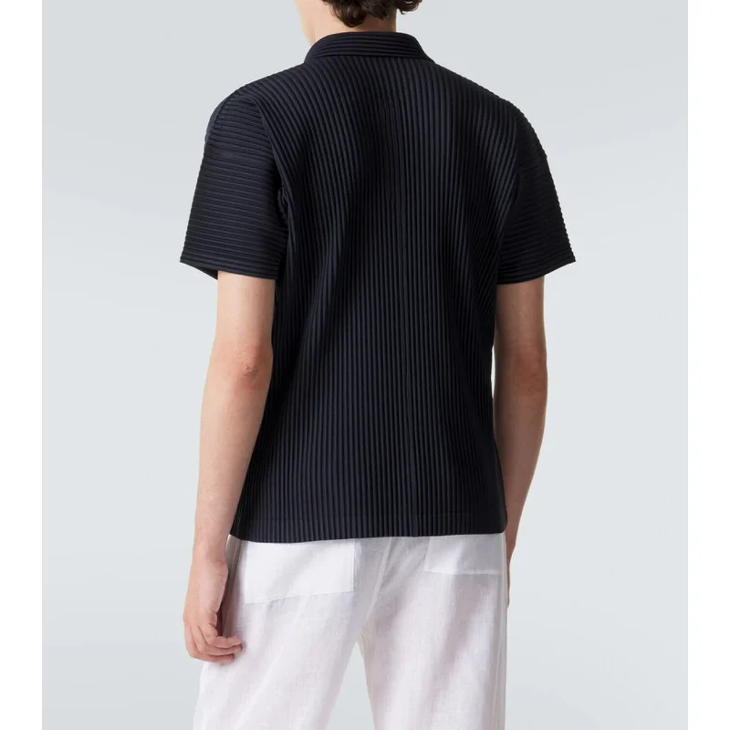 Miyake Pleated Men's Polo Shirt Short Sleeve Plisse Lapel Collar Loose Fit Breathable Stretch Korean