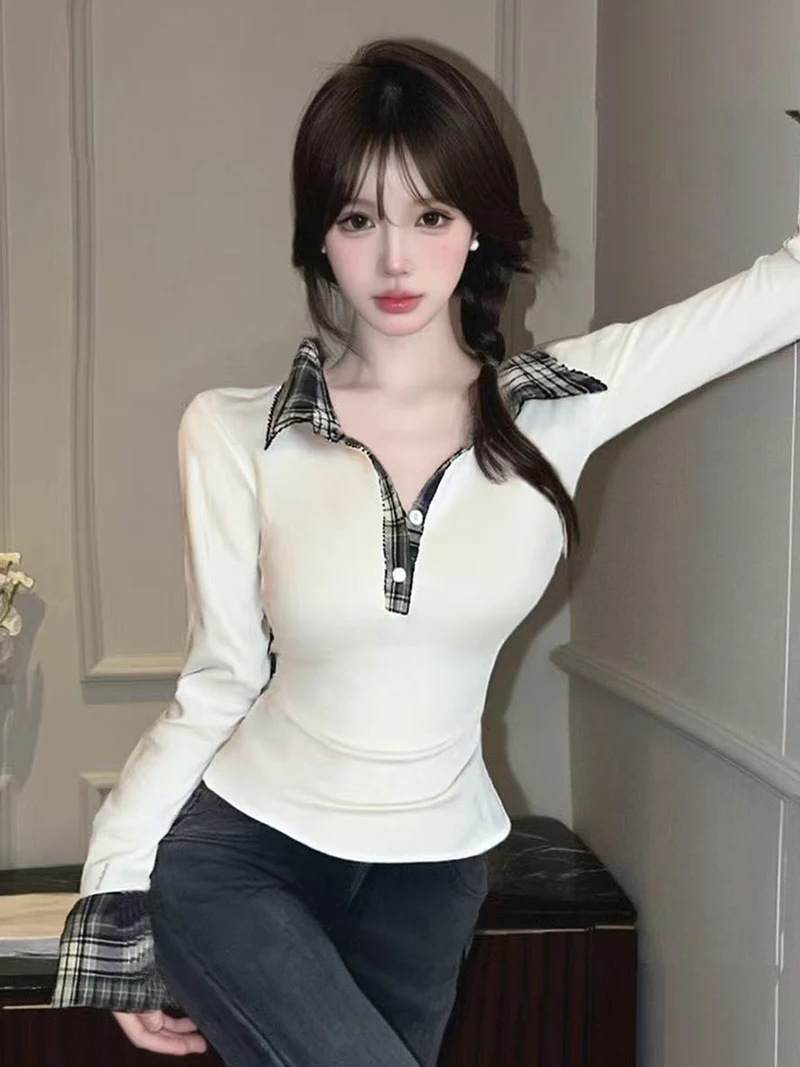 

Preppy Style Women's Plaid Collar Shirt Long Sleeve Inner Wear Top Breathable Knitted Autumn Winter Base Layer T-shirt