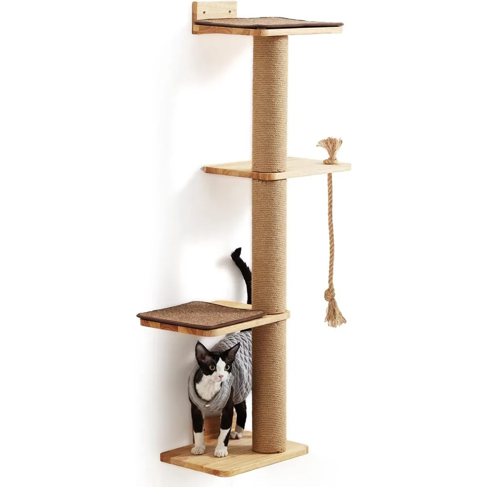 

Cat Scratching Activity Tree Wall Mounted, 50 Inch Scratch Post for Large Cats, Kittens with Cat Bed, Rubber Wood