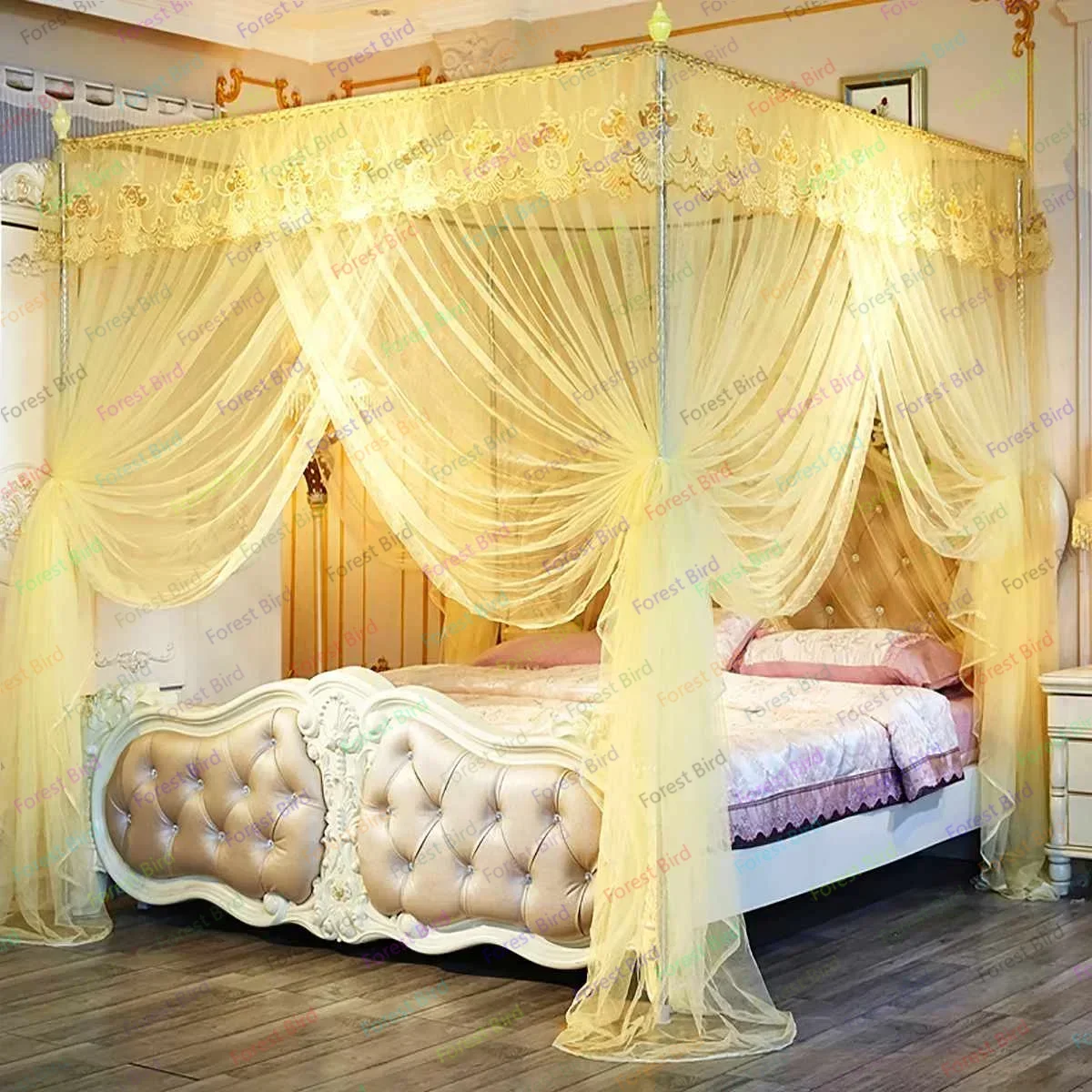 Cortinas de cama con dosel de princesa, mosquitera de lujo, ropa de cama sin soporte, 4 esquinas, 3 aberturas laterales