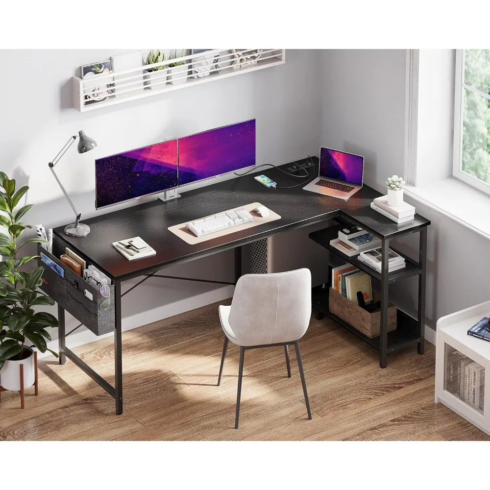 

55 Inch Small L Shaped Computer Desk with Power Outlets, Corner Desk with PC Stand & Reversible Storage Shelves for Small Space