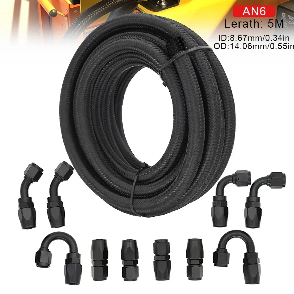 AN6 Hose End Fittings Adaptor Kit + 5 Meter AN6 6AN Nylon&Stainless Steel Braided Hose