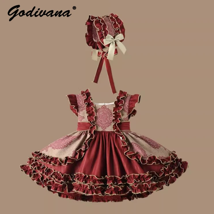 

Baby Girls All Seasons Princess Lolita Dress Set Childrens Vintage Palace Red Print Ruffle Trim Suspender Birthday Party Gown