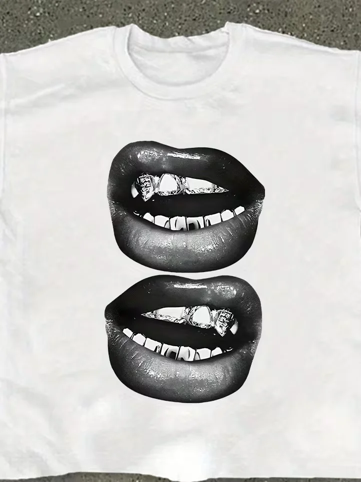 T-Shirt mit Lippenmuster-Aufdruck für Männer und Frauen, Unisex, lässig und trendig, Oversize-Freizeit-T-Shirt für Reisen, Alltag, Streetwear, Hip Hop, Vintage – Detail 2