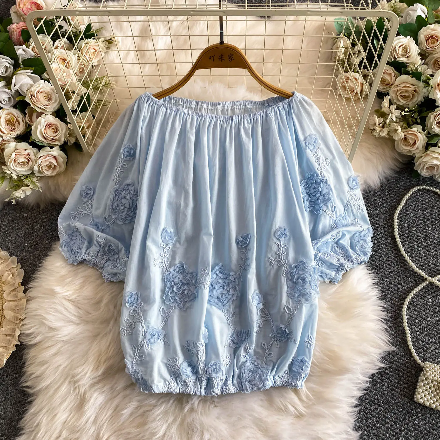 Pink Stereoscopic Crochet Women' Shirt 2026 Summer Sweet Style Pullover Blouse Casual Half Sleeve Commuter Slash Neck Tops