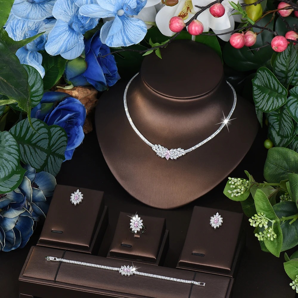 

HIBRIDE New Multicolor Pink Feather Shape Everyday Simple Necklace Earrings 4 Piece Set Women's Jewelry Party Wedding S-816