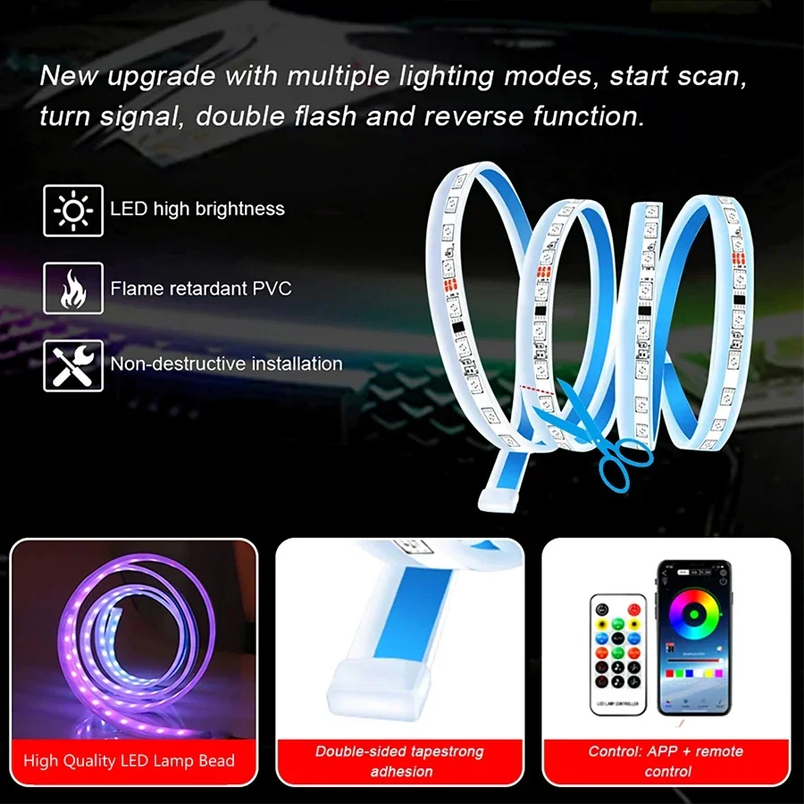 LED Daytime Running Light Car Hood Lights Auto Headlight Strips Flexible Waterproof RGB DRL Lamp With APP Remote Control