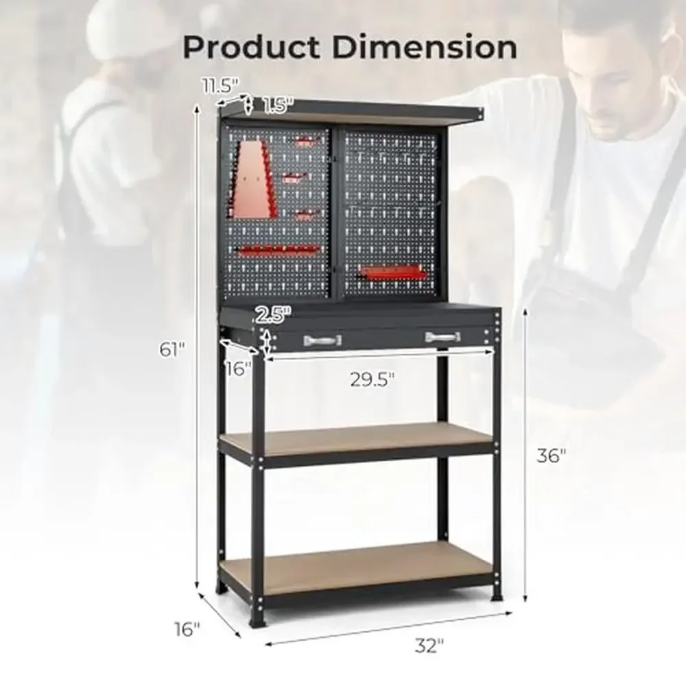 Werkstationorganizer Zware stalen framewerkbank met laden en ophangsets 2 opbergplanken Bankorganizer met lange lade