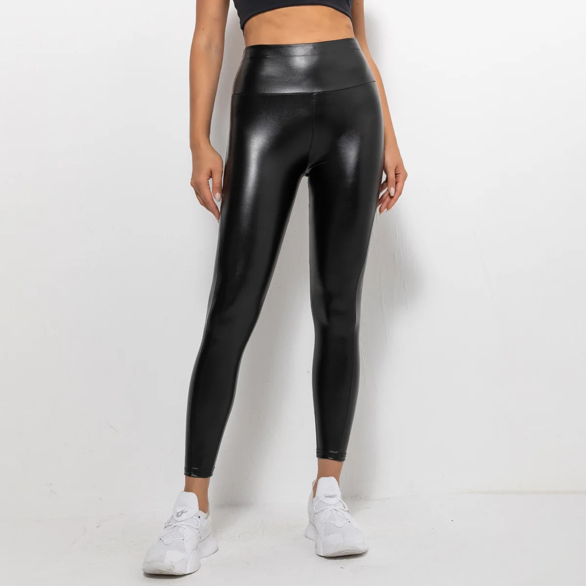 New PU Leather Pants for Women Solid Color Bright Black High Waist Tight Pants Running Fitness High Elastic Yoga Pants Women