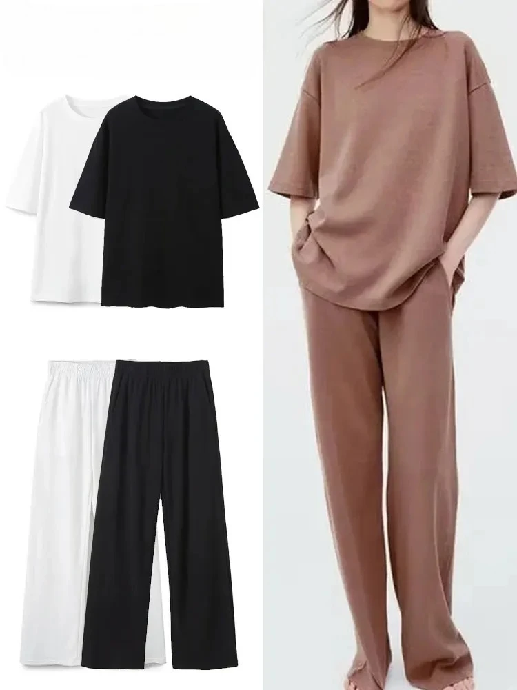 

Women Vintage Solid Shirts Pant Sets O Neck Short Sleeve Shirts Top + Elastic Waist Loose Trousers Spring Commuting Suit