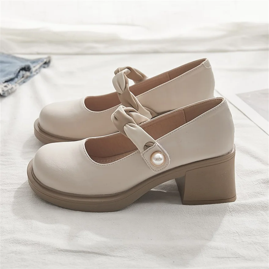 Beige Soft Leather Shoes Women Heels Mary Janes Platform Lolita Shoes Japanese Style Vintage Girls High Heel Pumps Woman Shallow