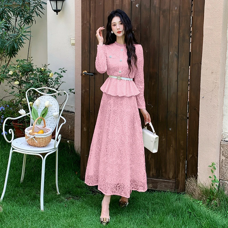 

Элегантный осенний комплект из 2 предметов с кружевными оборками, новый французский женский топ с круглым вырезом и пуговицами, пояс с вышивкой + вечерние длинные бальные платья, юбка, костюмы