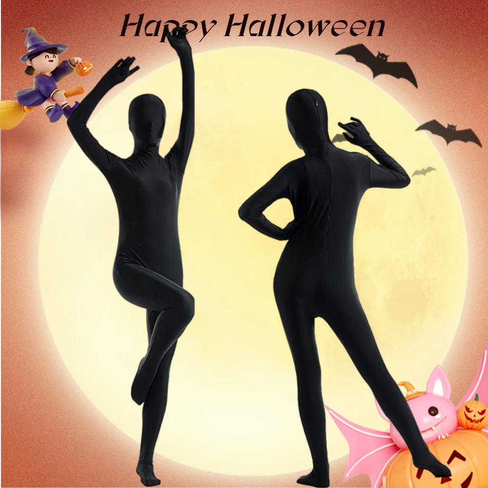 

Adult Child Full Body Hooded Tights High Stretch Green Stage Performance Zipper Costume Halloween Invisible Man Dress Up Costume
