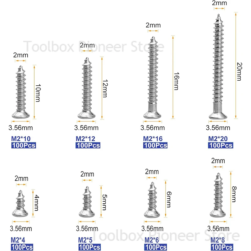 800pcs M2 Self Tapping Phillips Screws Assortment Kit 5 Sizes Alloy Steel Cross Drive Flat Head Self Drilling Wood Screws DIY