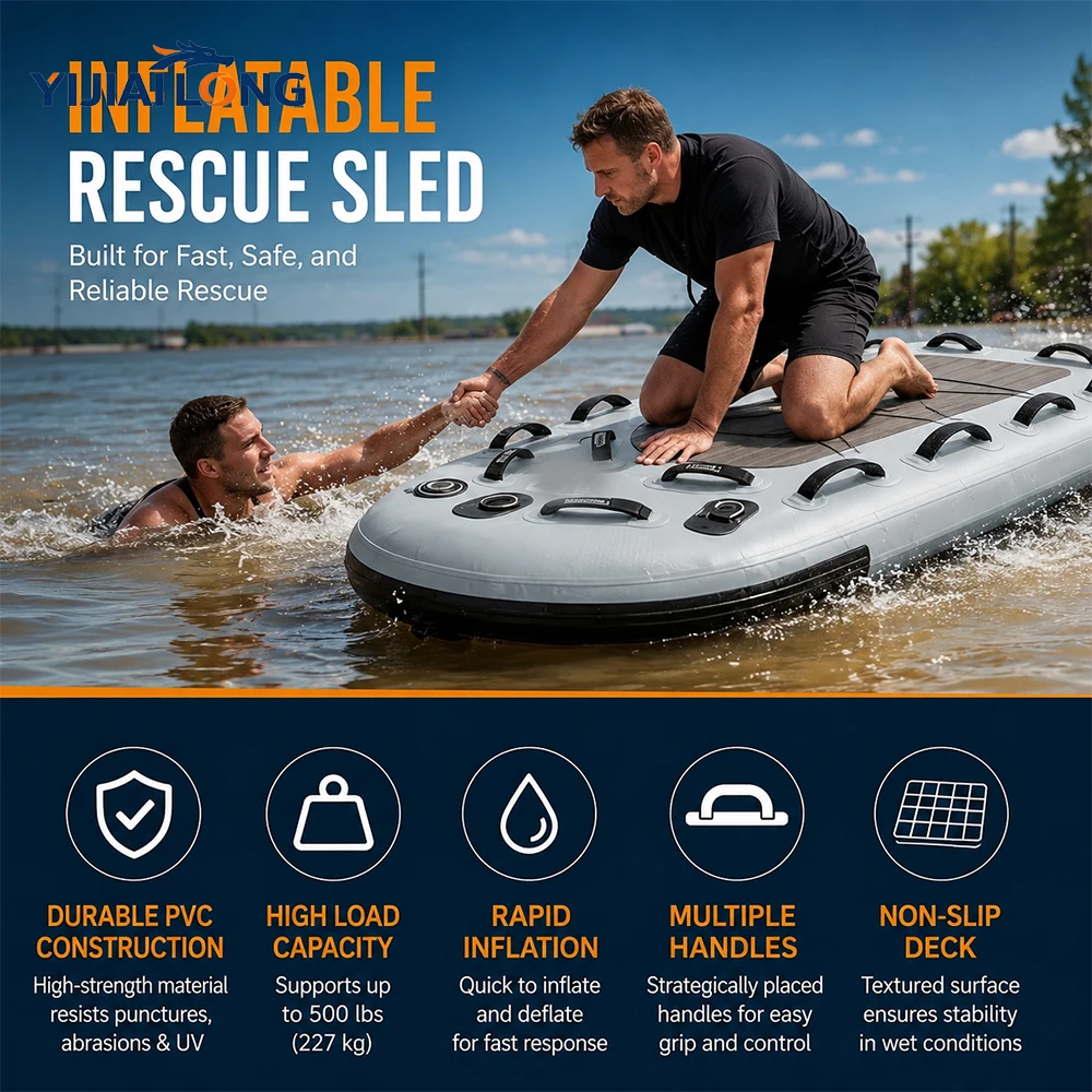 Aufblasbarer Wasserrettungsschlitten, Drop-Stitch PVC-Rettungsbrett, schwimmende Dock-Plattformmatte mit schneller Aufblasfunktion, tragbarer 168 cm Notfall-Schlitten für Seen, Ozeane, Flüsse, Surfen,