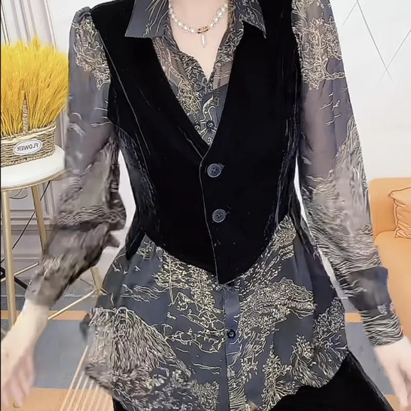 Deux pièces mode Vintage Patchwork Blouses tout-match chemise femmes 2025 chemises et chemisiers à manches longues Blusas De Mujer