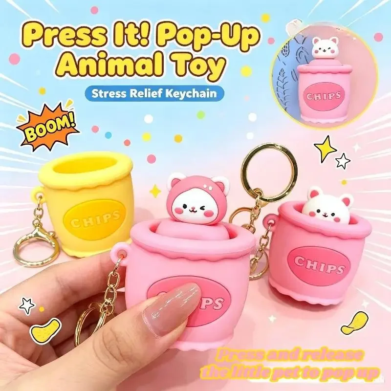 Cute Animal Squeeze Keychain Funny Pop-Up Pet Decompression Toy Portable Stress Relief Key Ring for Backpack Car Keys