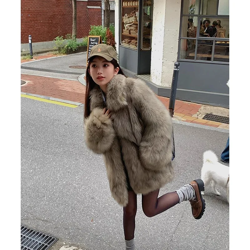 Women Faux Fur Coats Solid Fluffy Jacket Thick Stand Collar Long Sleeve Covered Button Mid Lenth Loose Casual 2025 Autumn Winter