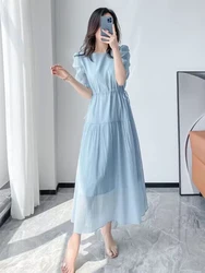 Elegant Women Blue Dresses New Drawstring Slim Waist Short Sleeve Summer Dress Korea Fashion Solid color Chiffon Long Dress