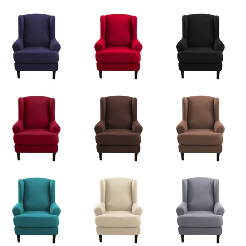 Solid Colour Wing Chair Covers Stretch Wingback Armchair Cover with Seat Cushion Cover Elastic Removable Sofa Couch Protector