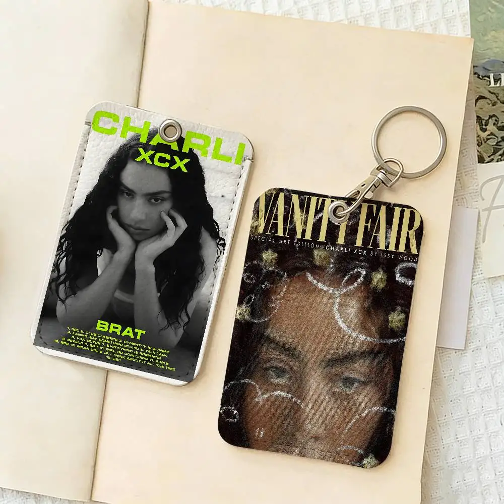 Singer C-Charli XCX BRAT Rectangle ID Card Case Keychain Access Card Bag Key Tag Ring Leather Card Holder Key Ring Access