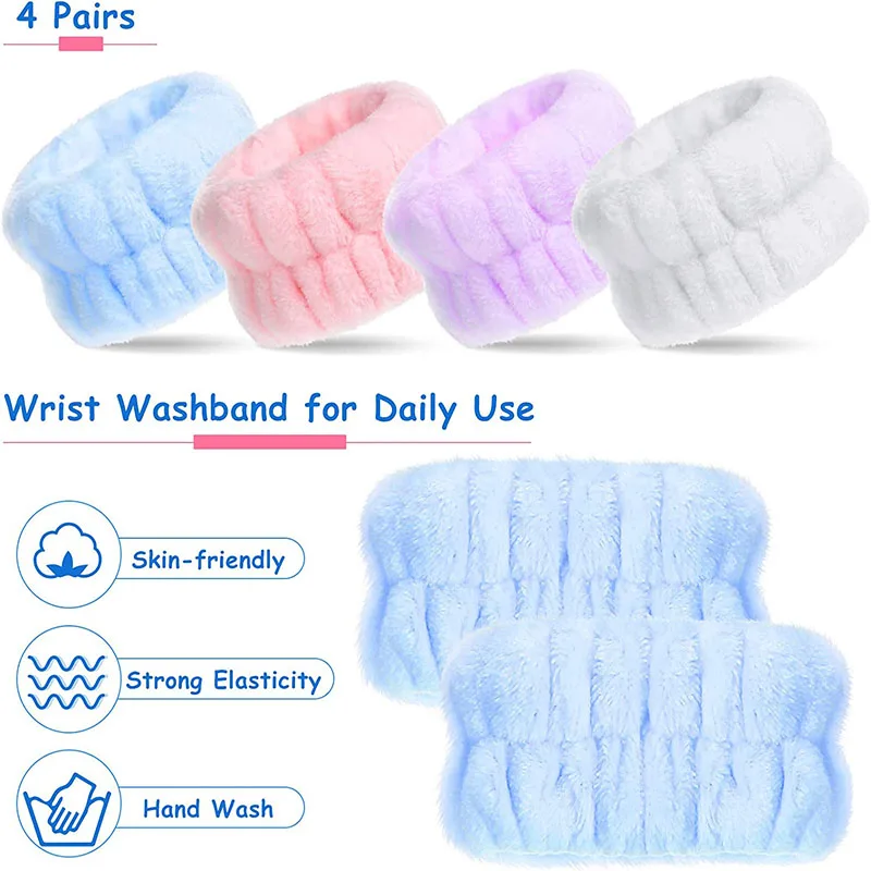 4 Pairs Wrist Spa Washband Microfiber Wrist Wash Towel Band Wristbands for Washing Face Absorbent Wristbands Wrist Sweatband