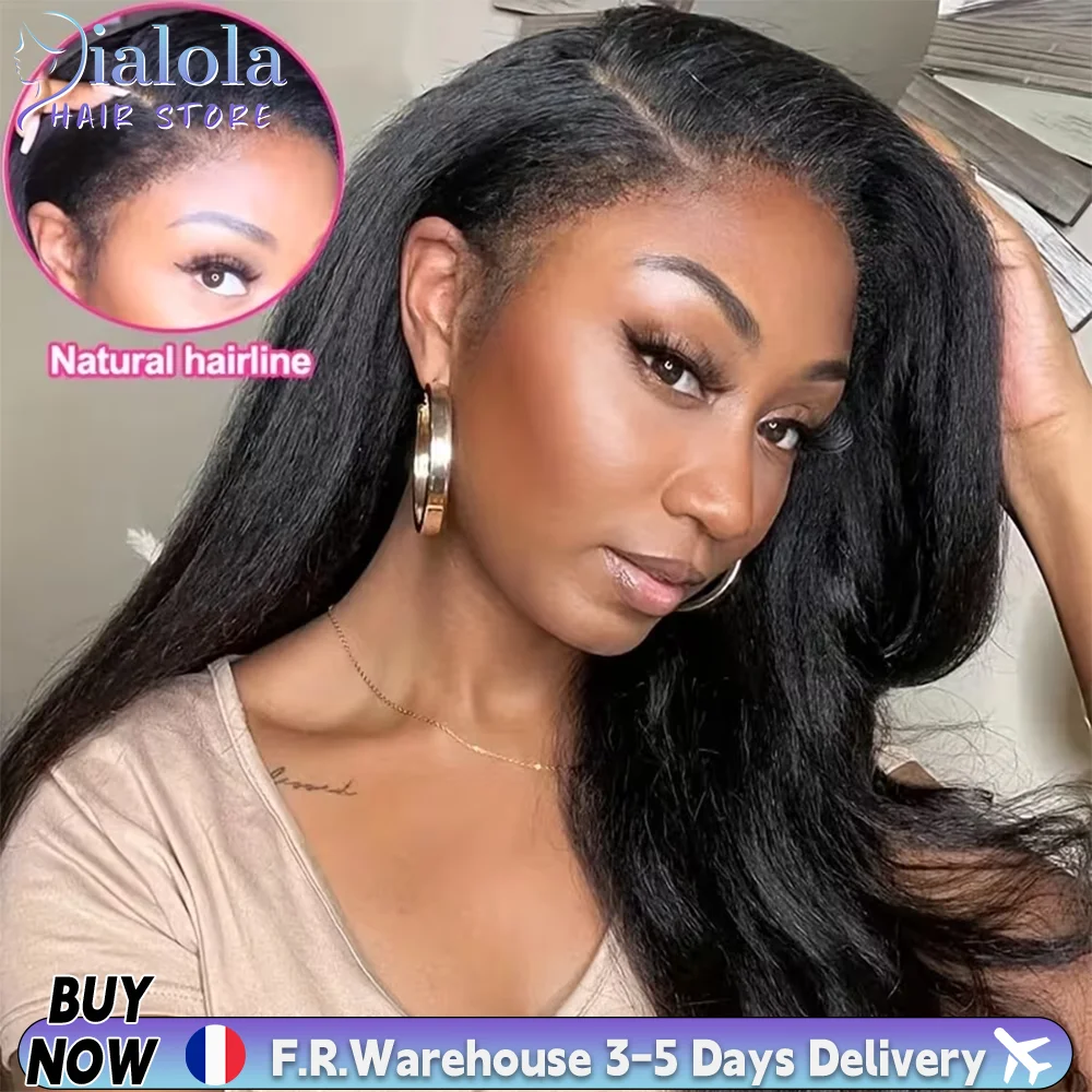 Perruque Invisible 360 HD Full Lace Sans Colle, Perruque Frontale Kinky Straight, Couleur Naturelle, Yaki Straight, Perruque 360 Full Lace Front en Cheveux Humains Brésiliens Pré-Pluckée