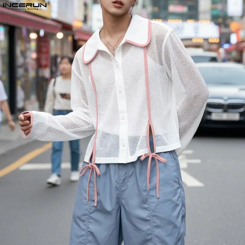 

INCERUN Men Shirt Lapel Long Sleeve Mesh Patchwork See Through Male Crop Tops Streetwear Summer Sexy 2026 Fashion Men Clothing