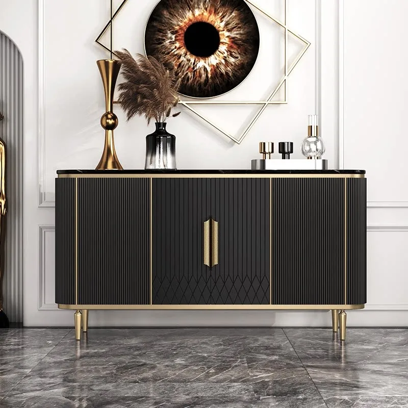 dining side cabinet, high-end sense, modern simple black guest dining room locker, rock slab solid wood door cabinet