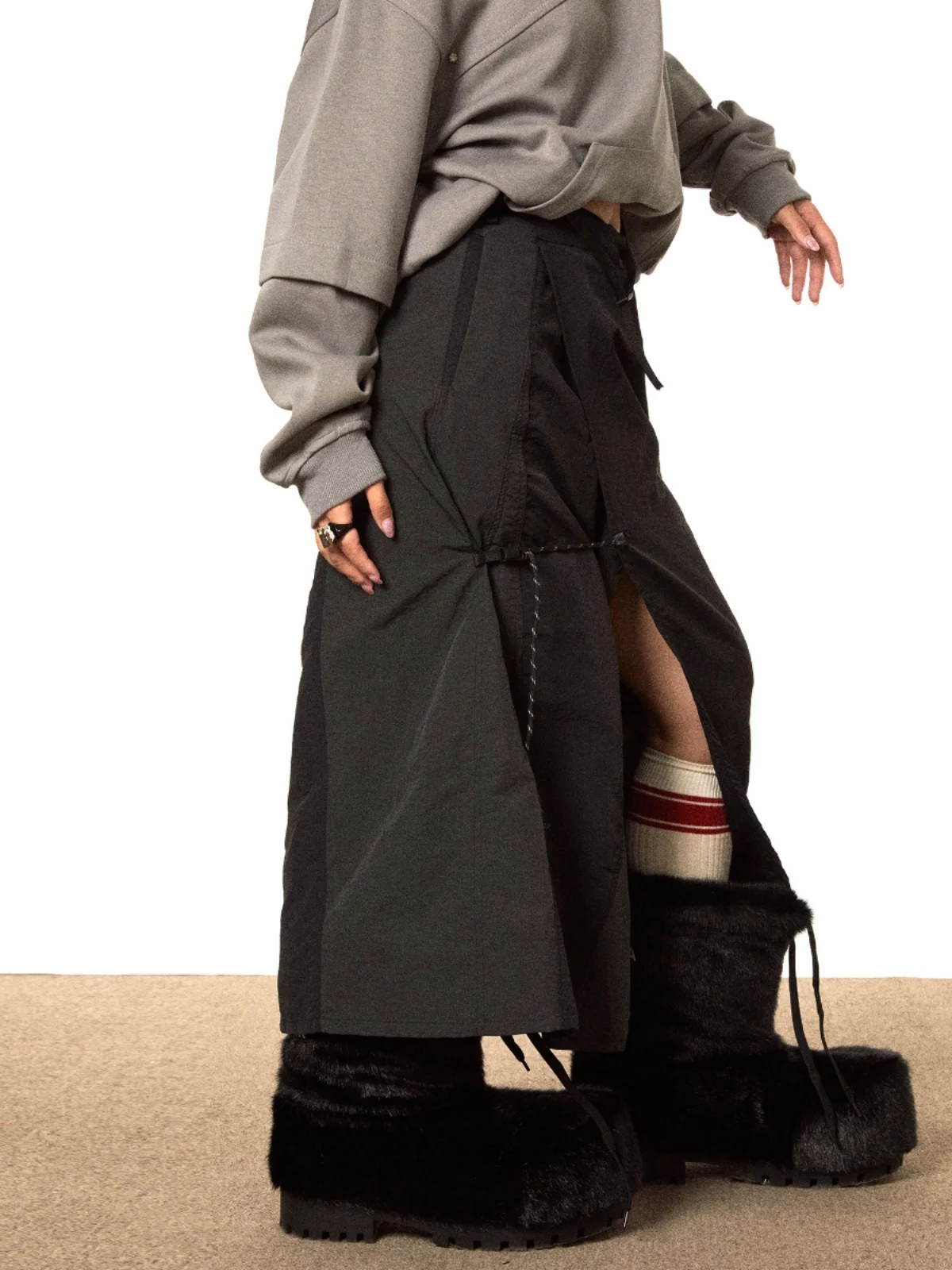 Original Outdoor High Waist Mid-Length A-Line Skirt with Slits Slimming High Street Style Blackbb Women's Fashion Skirts