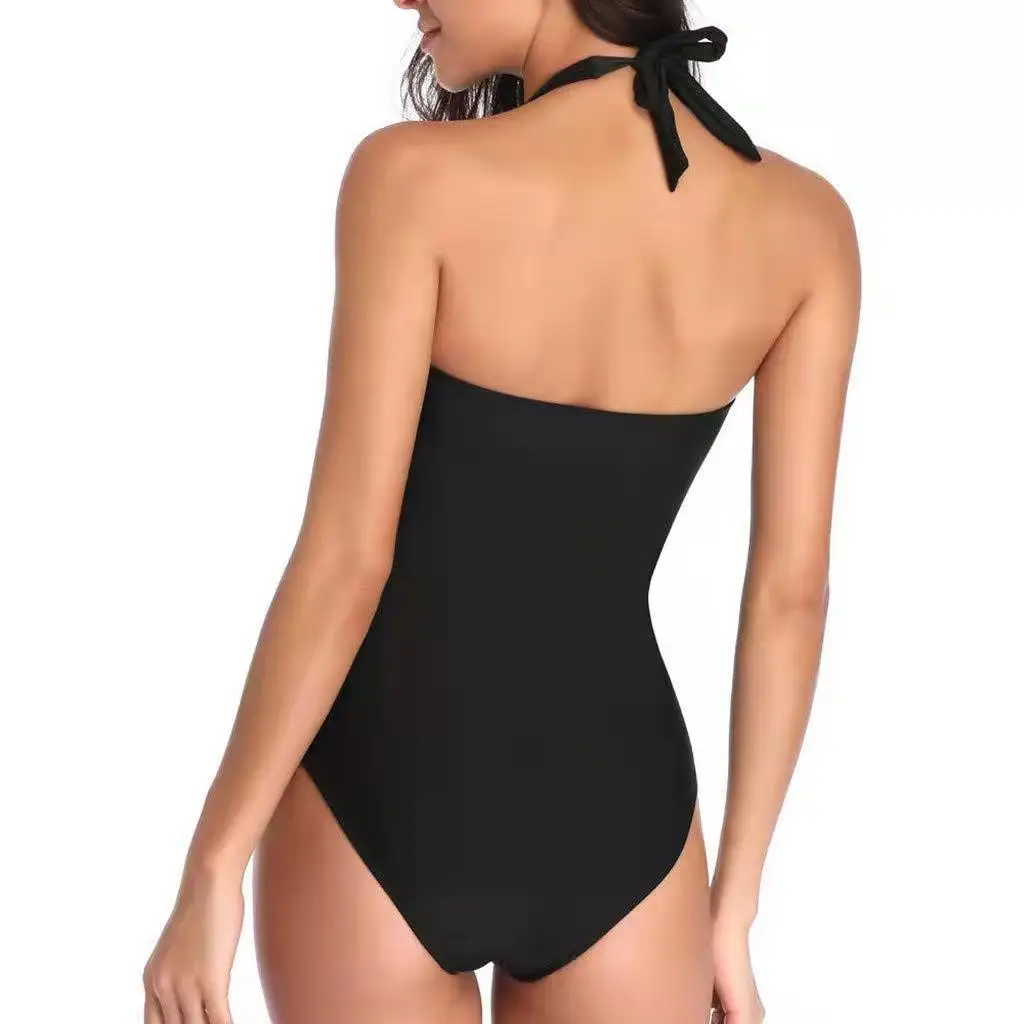 European and American new sexy solid color bikini backless pleated retro one-piece swimsuit for women