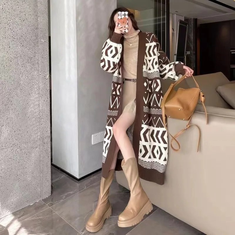 2023 Autumn/Winter New Korean Edition Sweater Coat Cardigan Over Knee Loose and Slim Retro Office Lady Comfortable Long Knit