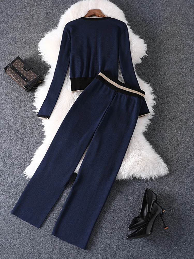 ZJYT Autumn Winter Knitted Pant Sets 2 Piece for Women Elegant Color Block Cardigan Sweater Blue Outfits Casual Trousers Suits