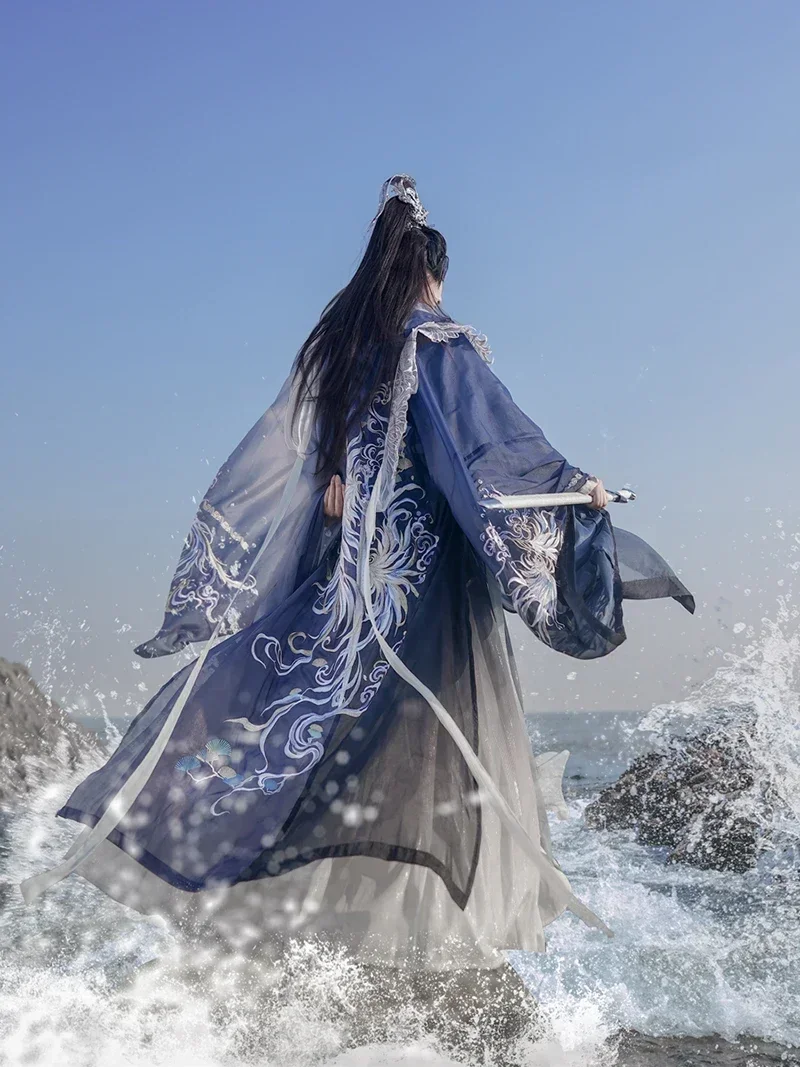 

Chinese Hanfu Men Women Large Size 3XL Embroidered Blue Gradient Hanfu Suit Shirt+Skirt+Coat 3pcs Vintage Cosplay Costume