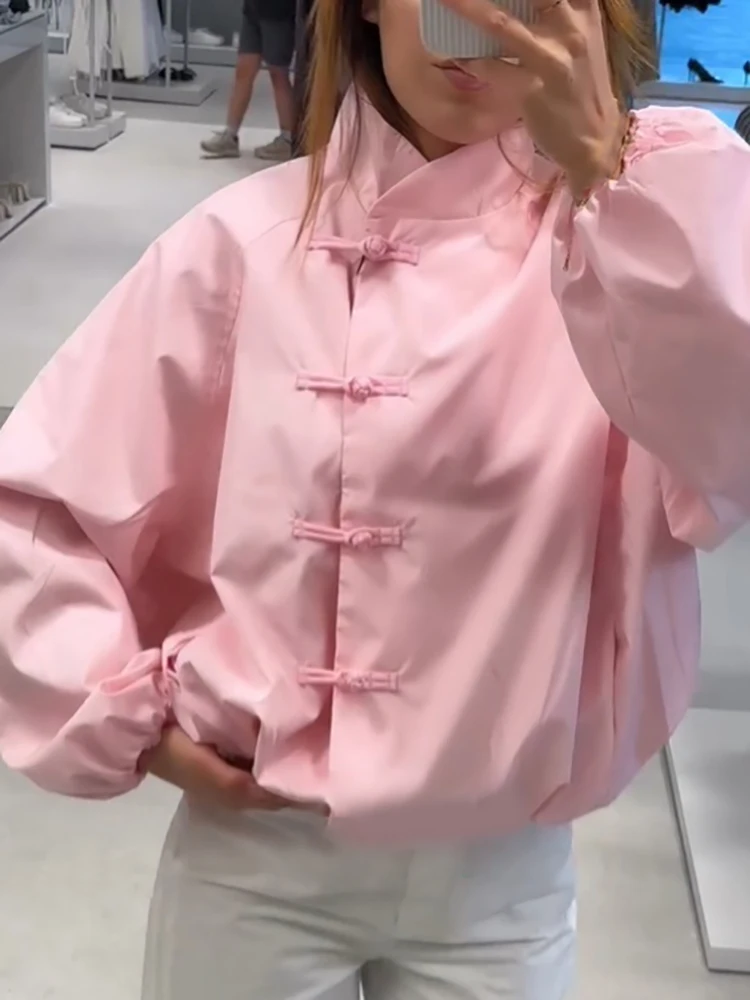 Schicke Jacke im chinesischen Stil mit tailliertem Schnitt, Stehkragen, Knöpfen, Ballonärmeln, lockerem Schnitt, neuer Streetwear für den Alltag im Herbst. – Detail 10