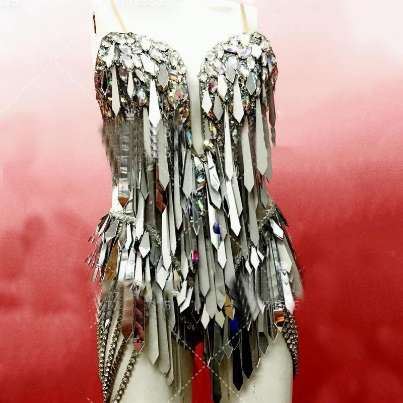 Sexy Pole Dance Clothes Mirror Lens Chain Flash Bodysuit Nightclub Ds Dj Rave Outfit Female Stage Gogo Dancer Costume XS5206
