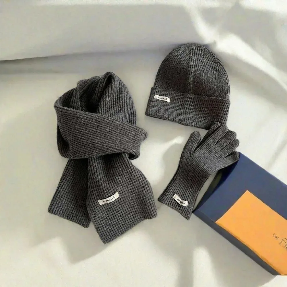 Set Tiga Potong Syal Rajut Musim Dingin Wanita Warna Solid Topi Syal Sarung Tangan Wanita Anti Angin Dewasa Set Syal Topi Wanita Modis