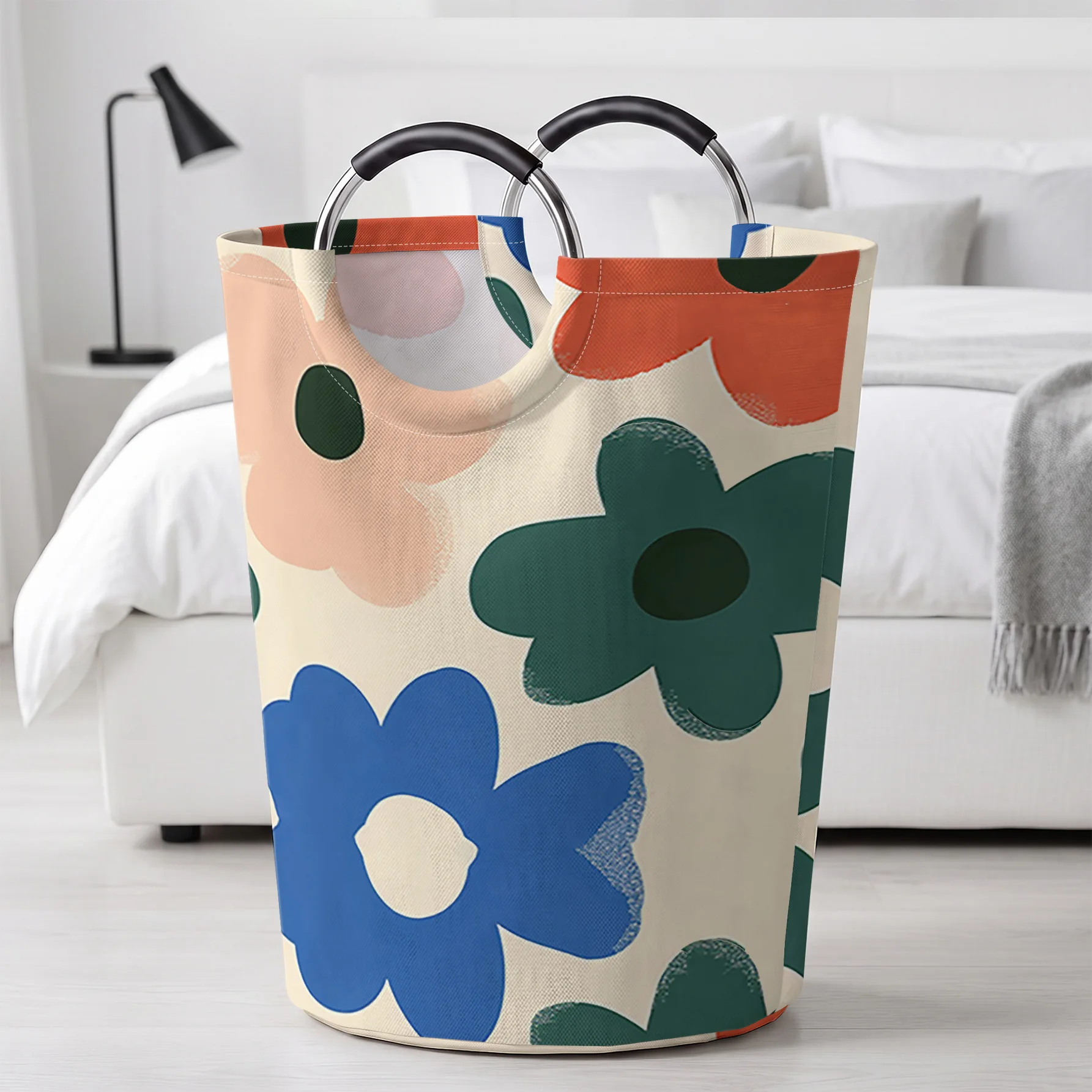 Retro Color Block Art Flowers All‑Over Print Handheld Storage Basket, For Laundry, Bedroom & Home Sundries Storage