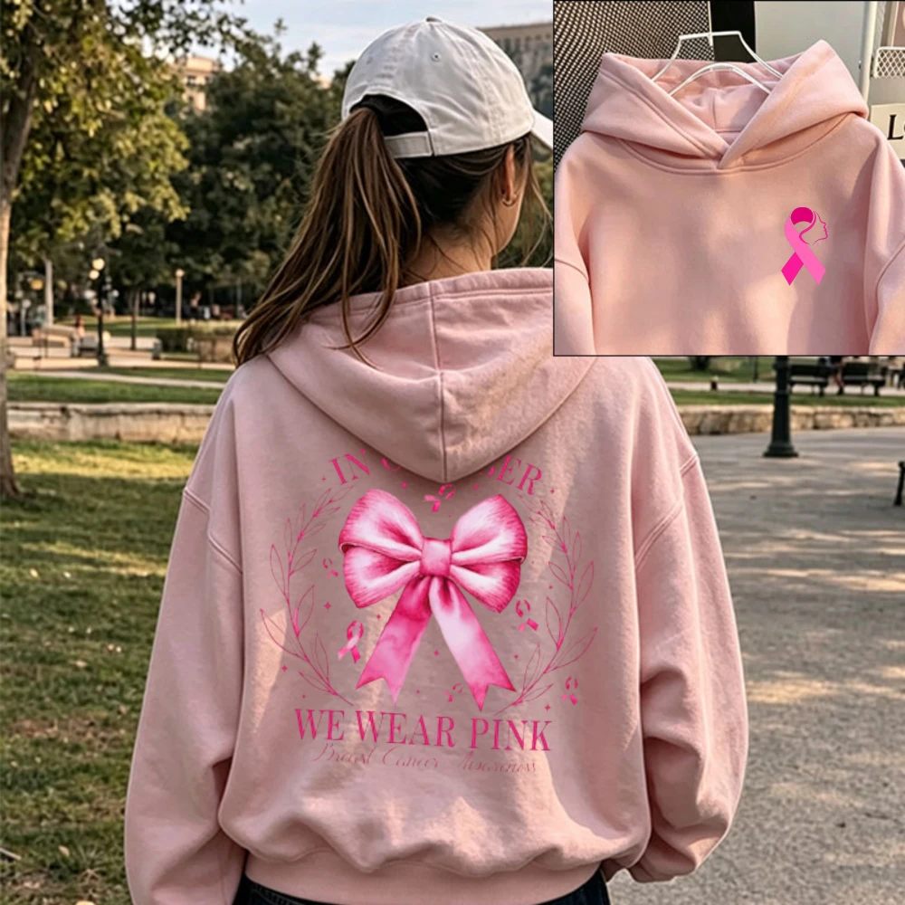 In October We Wear Hoodie Pink Bow Pink Ribbon Breast Cancer Awareness Graphic Front Back Print Pullover Warrior Support Tops