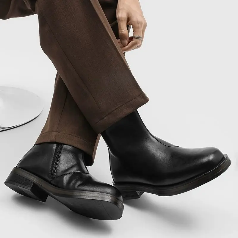 

Mid Top Chelsea Boots for Men Solid Color Round Toe Side Zipper Casual Fashionable Simple Motorcycle Men Boots