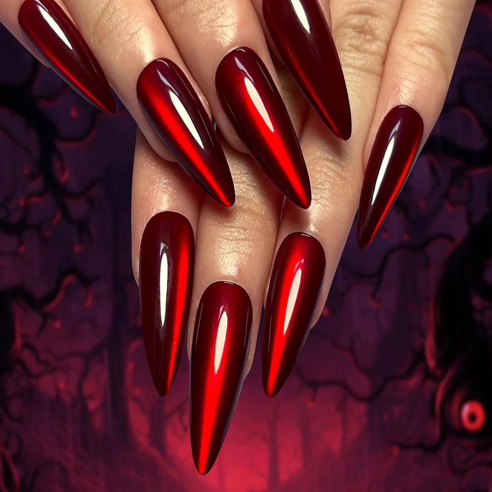 

30pcs Halloween Red Cat's Eye Fake Nails Long Almond Press-On Nails Acrylic Nails Manicure 30Pcs Glossy Full Cover Long Lasting