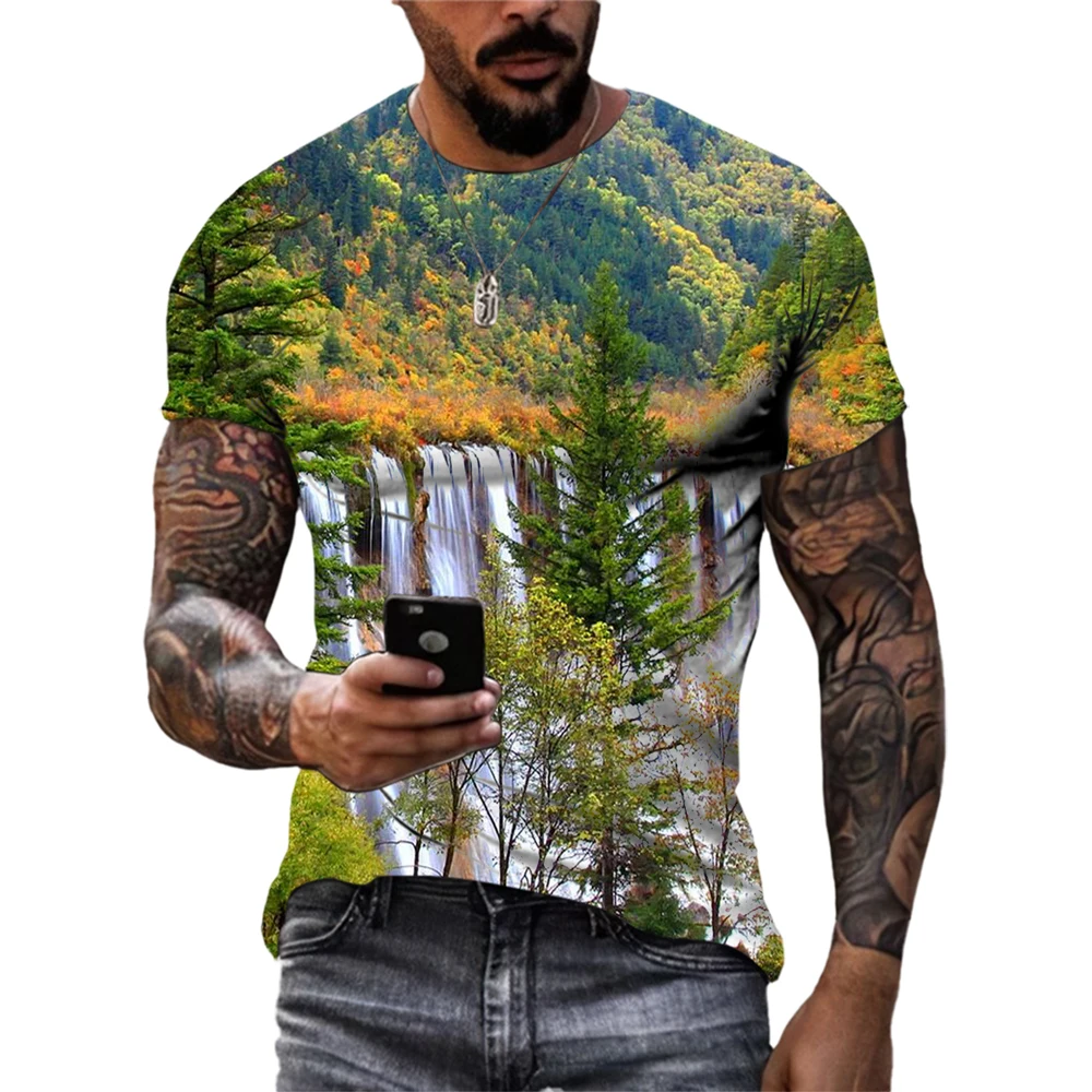 Fashion Men's Alpine Water Print T-Shirt Cool Trend Hip-Hop Round Neck Tops Summer New Street Personality Short Sleeved Clothing